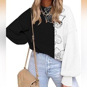 Black and White Floral Crewneck Sweater